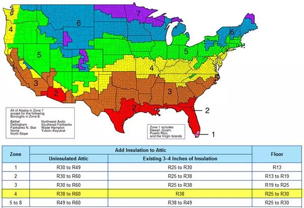 Insulation R-value map of the U.S. with color-coded regions.