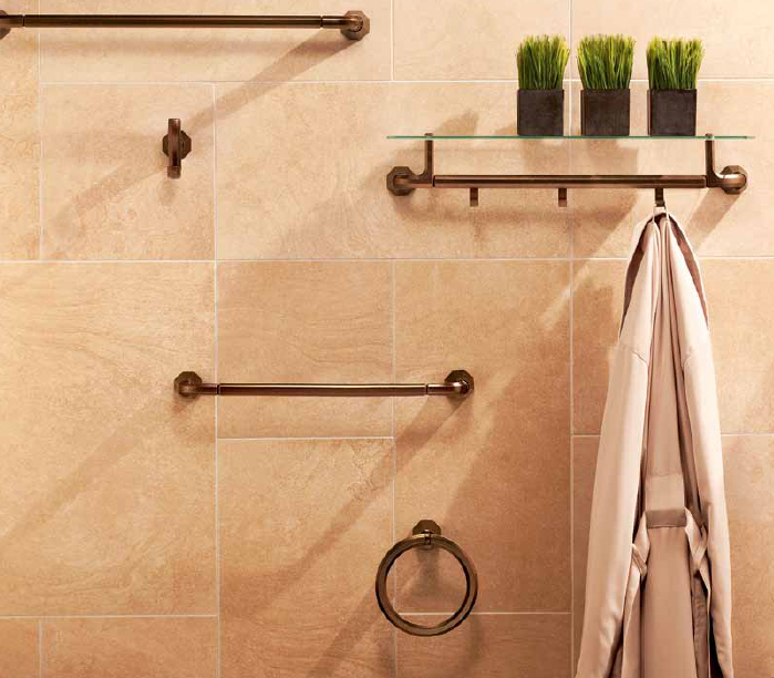 Examples of bathroom accessories in an oiled bronze finish