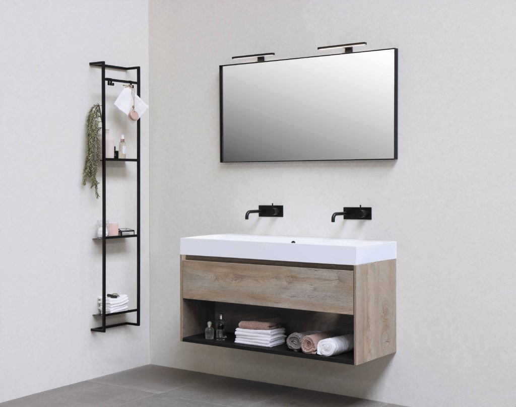 Bathroom with black ladder-style shelving