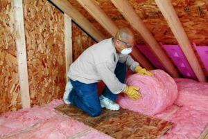 Technician removing pink batt insulation in an attic.